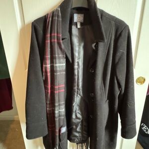 St. John's Bay Black Pea Coat with Red Plaid Scarf